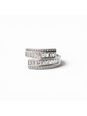Y2K Baguette CZ Wrap Ring Adjustable Silver Tone Statement Ring Double Band